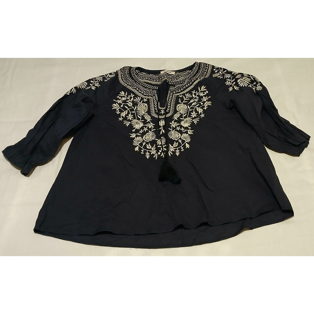 Adora‎ Embroidered Tunic Top Blouse Navy Blue Cotton Boho Tassel V-Neck S/CH